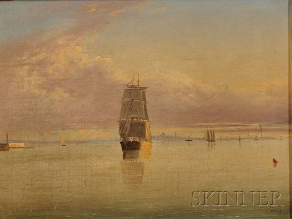 Clement Drew (American, 1806-1889) Boston Harbor S: Clement Drew (American, 1806-1889) Boston Harbor Sunset. Signed "C. Drew" l.r., titled and signed on the reverse. Oil on canvas, 9 x 12 in., in a period gilt-gesso frame. Condition: Very good, so