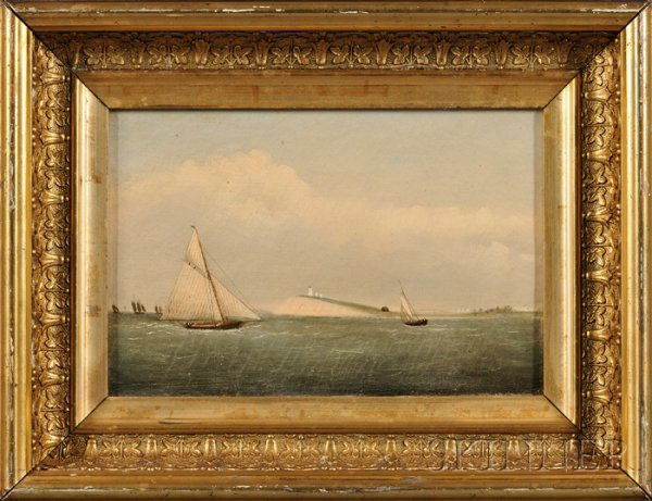 Clement Drew (American, 1806-1889) Long Island Bos: Clement Drew (American, 1806-1889) Long Island Boston Harbor. Signed "C. Drew" l.r., titled, signed, and dated "1885" on the reverse. Oil on canvas, 8 x 12 in., in a period gilt-gesso frame. Condi