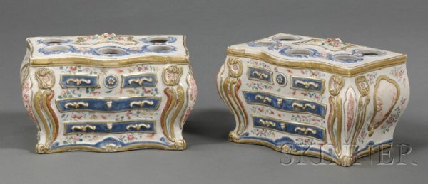 Pair of Chinese Export Polychrome Enameled and Par: Pair of Chinese Export Polychrome Enameled and Parcel-gilt Crocus Pots, third quarter 18th century, each in the form of a rococo bombe-case three-drawer chest, applied and painted with floral sprays, 