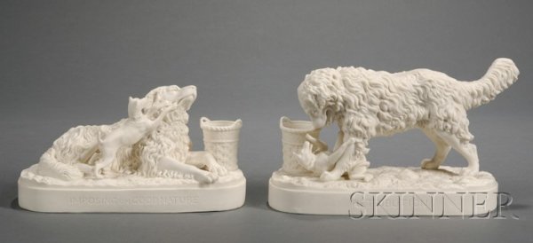 Pair of Parian Ware Dog Sculptures, Daniel Chester: Pair of Parian Ware Dog Sculptures, Daniel Chester French (American, 1850-1931) titled "Imposing on Good Nature" and "Retribution," both with artist's name "D.C. French" impressed on side of base, (lo