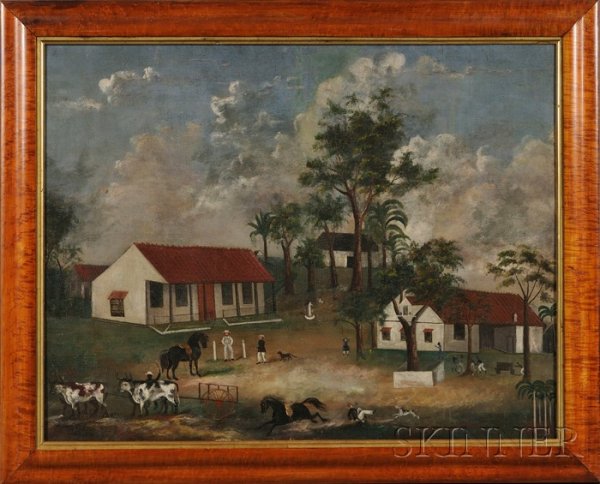 American School, 19th Century Primitive Portrait w: American School, 19th Century Primitive Portrait with Figures and Animals in a Tropical Farming Compound. Unsigned. Oil on canvas, 26 1/4 x 33 1/2 in., in a molded bird's-eye maple veneer frame. Condi