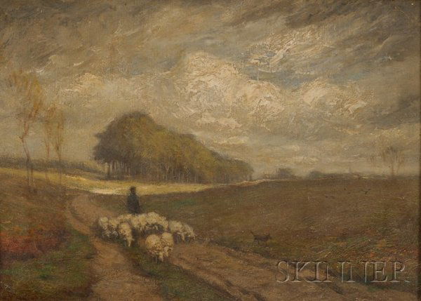 Addison Thomas Millar (American, 1860-1913) Landsc: Addison Thomas Millar (American, 1860-1913) Landscape with Shepherd. Signed l.l. Oil on canvas, 10 x 14 in., in a gilt-gesso frame. Condition: Very good, some surface grime.
