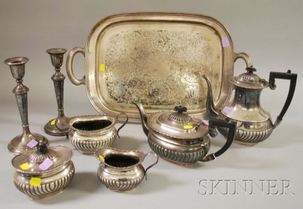 William Adams Five-Piece Silver Plated Tea/Coffee S: William Adams Five-Piece Silver Plated Tea/Coffee Service, sold with a pair of weighted silver plated candlesticks.