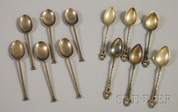 Set of Six Silver Salt Spoons and Set of Six Silver: Set of Six Silver Salt Spoons and Set of Six Silver Demitasse Spoons, Cooper Brothers and Sons demitasse spoons from Sheffield, England, c. early 20th century.