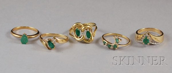 Four Gold, Green Stone, and Diamond Rings, four in: Four Gold, Green Stone, and Diamond Rings, four in 14kt gold and one in 10kt gold, together with a 10kt gold and gemstone solitaire ring.
