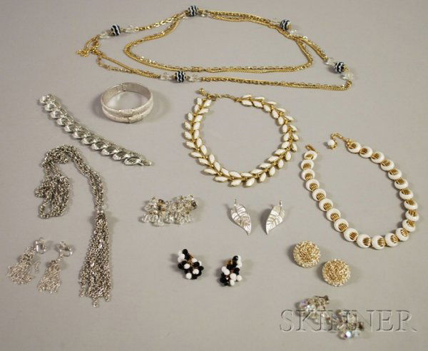 Small Group of Mostly Signed Costume Jewelry, incl: Small Group of Mostly Signed Costume Jewelry, including two Trifari necklaces, a pair of tassel earclips, and a bangle bracelet, a Kramer bracelet, Berg?re leaf-form earclips, and assorted other items