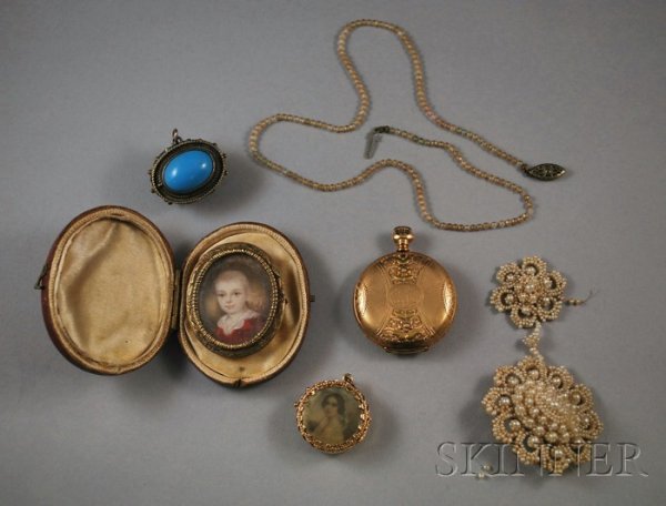 Small Group of Antique Jewelry, including a 14kt g: Small Group of Antique Jewelry, including a 14kt gold Torneau locket watch, a seed pearl brooch (damage), a 14kt gold Waltham hunting case pocket watch, and other items.
