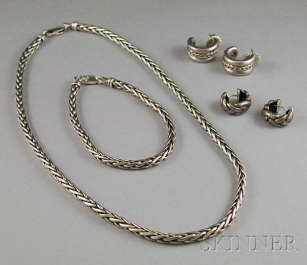John Hardy Sterling Silver Necklace and Bracelet,: John Hardy Sterling Silver Necklace and Bracelet, together with two pairs of small silver hoop earrings.