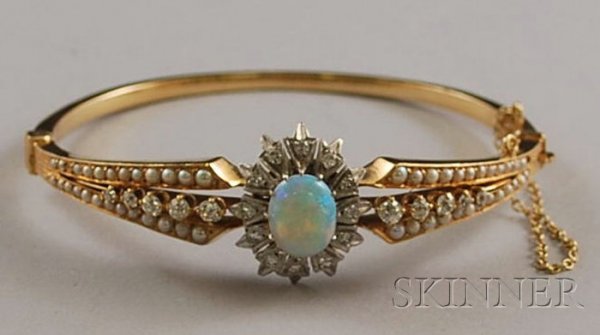 14kt Gold, Opal, Diamond, and Seed Pearl Bangle Br: 14kt Gold, Opal, Diamond, and Seed Pearl Bangle Bracelet, total 16.5 dwt.