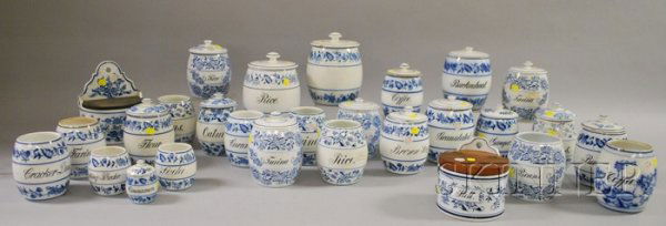 Twenty-eight Assembled German Blue and White Meiss: Twenty-eight Assembled German Blue and White Meissen-type Decorated Porcelain and Ceramic Kitchen Canisters.