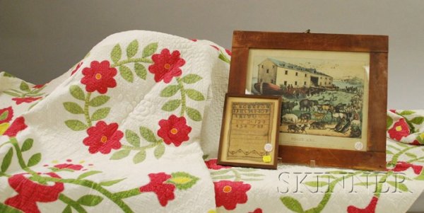 Framed Small 19th Century Frances Colett Needlewor: Framed Small 19th Century Frances Colett Needlework Sampler, a Hand-stitched Cotton Applique Quilt, and a Framed Currier & Ives Hand-colored Lithograph Noah's Ark.