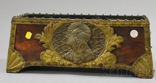Renaissance Revival Brass-mounted Beechwood Footed: Renaissance Revival Brass-mounted Beechwood Footed Planter, with leaded interior, ht. 7, lg. 18, wd. 7 1/2 in.