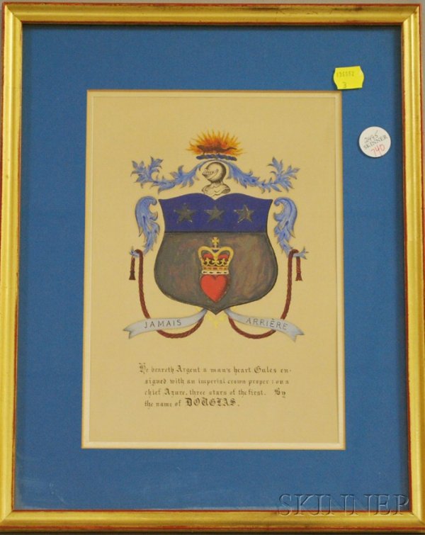 Framed Ink and Gouache "Douglas" Coat of Arms, sig: Framed Ink and Gouache "Douglas" Coat of Arms, sight size 10 x 6 3/4 in.
