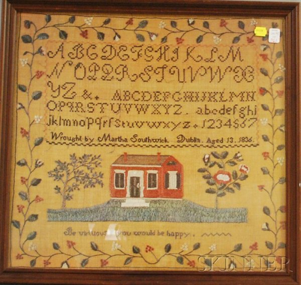 Framed Mechanical Print of an 1836 Needlework Samp: Framed Mechanical Print of an 1836 Needlework Sampler.