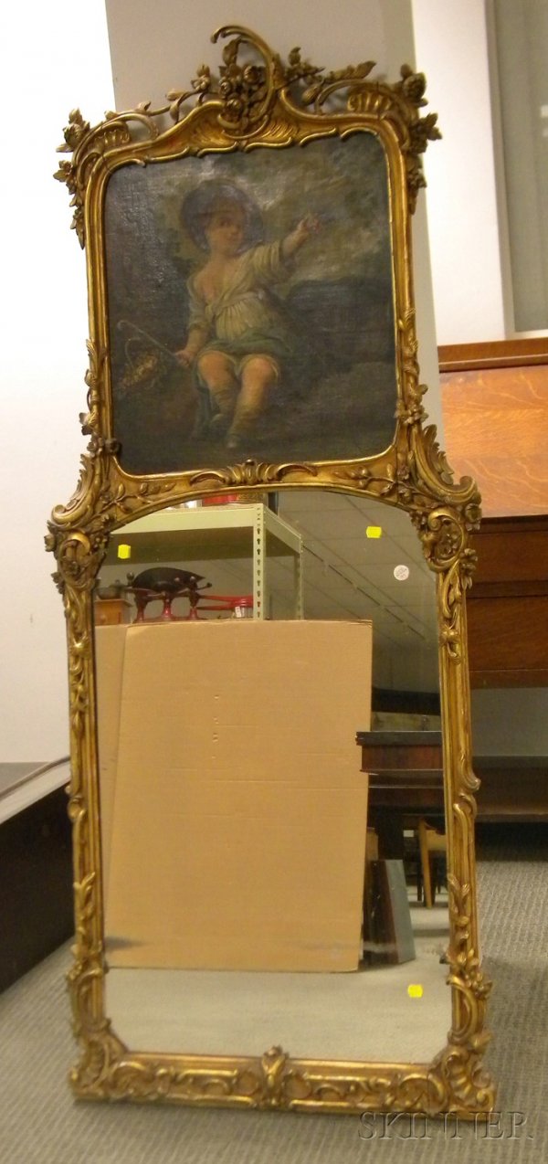 Louis XV Style Carved Giltwood Trumeau Mirror with: Louis XV Style Carved Giltwood Trumeau Mirror with Painted Child and Bird Genre Scene Decorated Canvas Panel, lg. 64 1/2, wd. 27 in.