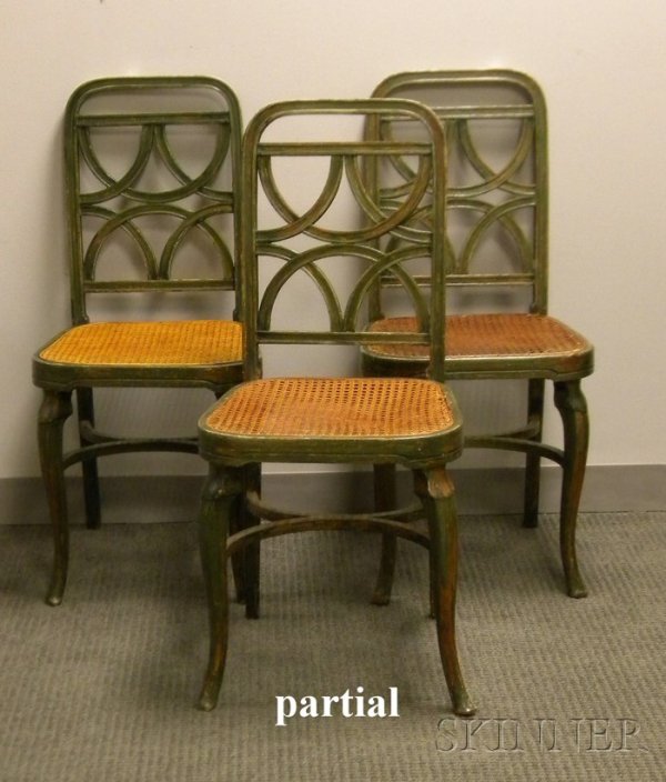 Set of Six Provincial Neoclassical Green-painted C: Set of Six Provincial Neoclassical Green-painted Carved Wood Side Chairs with Caned Seats, possibly Thonet, (wear, seat frame breaks and imperfections, one seat broken entirely).