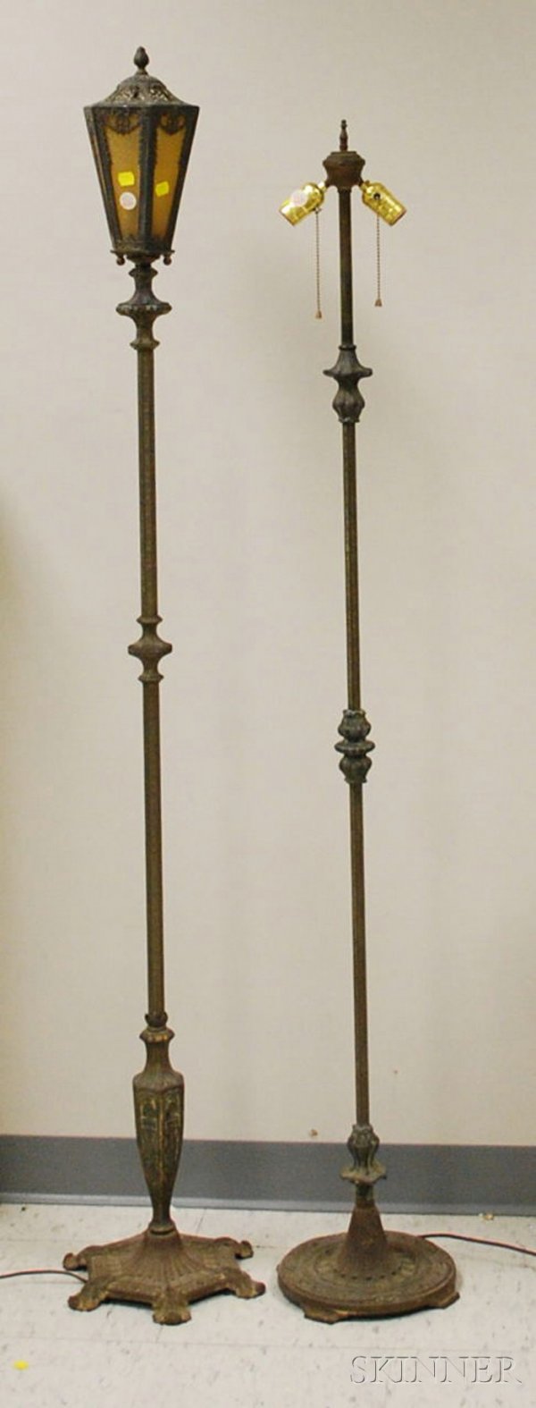 Salem Bros. Art Deco Brass Plated Cast Metal Floor: Salem Bros. Art Deco Brass Plated Cast Metal Floor Lamp and Standing Floor Sconce with Amber Glass Panels, New York.