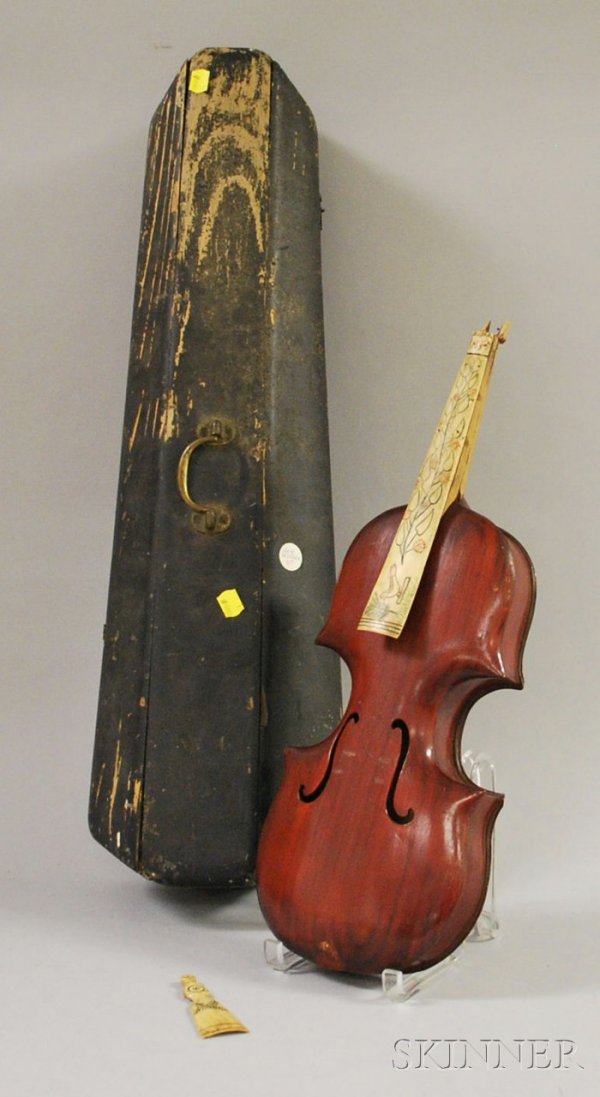 Folk Art Polychrome Decorated Bone and Wooden Viol: Folk Art Polychrome Decorated Bone and Wooden Violin, in a case.