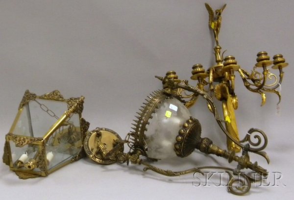 Four Pieces of Decorative Brass Lighting, a Neocla: Four Pieces of Decorative Brass Lighting, a Neoclassical-style six-light chandelier, five-light candle wall sconce, hanging hall lantern, and a Rococo-style hall lantern.