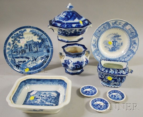 Eight Pieces of English Blue and White Transfer D: Eight Pieces of English Blue and White Transfer Decorated Staffordshire Tableware and a Chinese Canton Porcelain Serving Bowl, including two sugars, a set of three butter pats, a soup bowl, plate, and