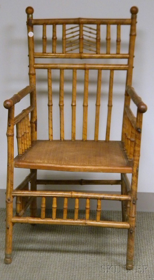 Late Victorian Bamboo Armchair with Caned Seat, a: Late Victorian Bamboo Armchair with Caned Seat, attributed to American Rattan Co., Toronto, Canada.