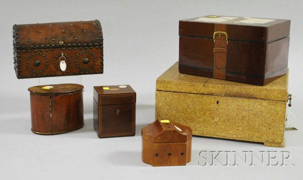 Six Assorted Decorative Boxes, a tooled leather-c: Six Assorted Decorative Boxes, a tooled leather-clad dome-top, a lacquered, an oval mahogany veneer tea caddy, an inlaid mahogany tea caddy, a paper-clad jewel box, and a lacquered box.