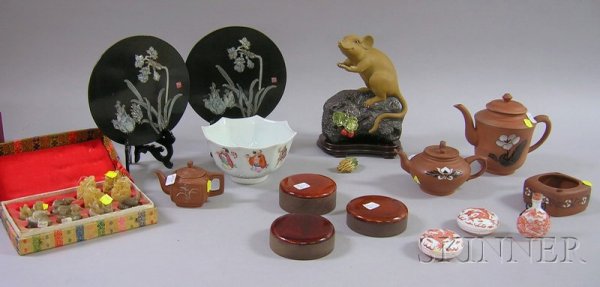 Group of Assorted Inkstones and Ceramics, includi: Group of Assorted Inkstones and Ceramics, including ceramic and painted tea set, covered jars, porcelain dish, ten inkstones, a snuff bottle, and two covered dishes, a contemporary ceramic mouse, etc.