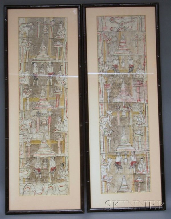 Pair of Paintings, Thailand, 19th century, ink an: Pair of Paintings, Thailand, 19th century, ink and colors on paper, Buddhist scenes, 32 x 9 in., framed and glazed.