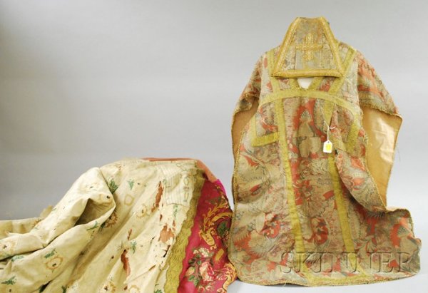 Three European Embellished Brocade Vestments.: Three European Embellished Brocade Vestments, (large vestment with hole, edge frays, scattered pulls, wear, some detaching trim, rose colored with silk shatter, staining, and loss in ivory ground, sca