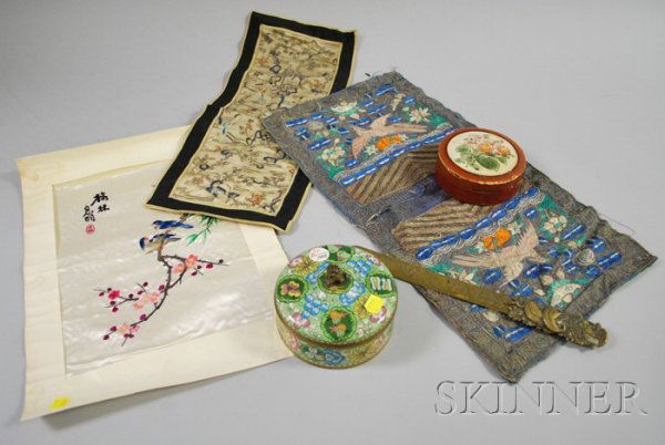 Group of Miscellaneous Asian Decorative Items, a: Group of Miscellaneous Asian Decorative Items, a cloisonne box, boxed set of four painted composition coasters, three embroidered silk panels, and a brass page turner.