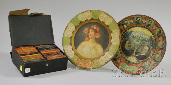Two Chromolithograph Tin Plates and a Set of Twen: Two Chromolithograph Tin Plates and a Set of Twenty-four Miniature Gilt Leather-bound Shakespeare's Works, a 1907 Harvard Brewing Co. advertising calendar plate and a 1908 Taft/Sherman GOP plate, the 