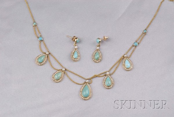 Edwardian 14kt Gold, Turquoise, and Seed Pearl Nec: Edwardian 14kt Gold, Turquoise, and Seed Pearl Necklace and Earpendants, the festoon necklace suspending teardrop turquoise cabochons framed by seed pearls, lg. 14 1/2 in., earrings en suite.