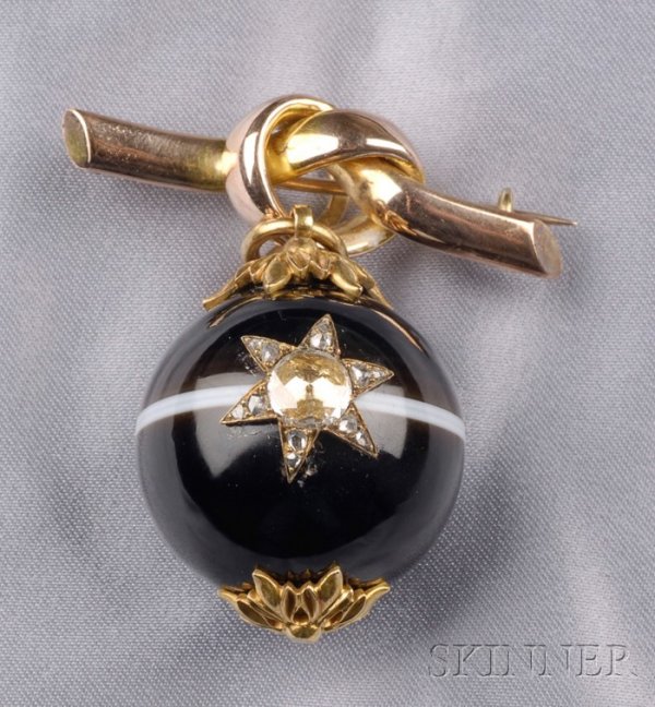 Antique 14kt Gold, Banded Agate and Diamond Locket: Antique 14kt Gold, Banded Agate and Diamond Locket/Brooch, designed as a knotted bar pin suspending an agate sphere with rose-cut diamond star and foliate caps, locket compartment verso, lg. 2 1/4, di
