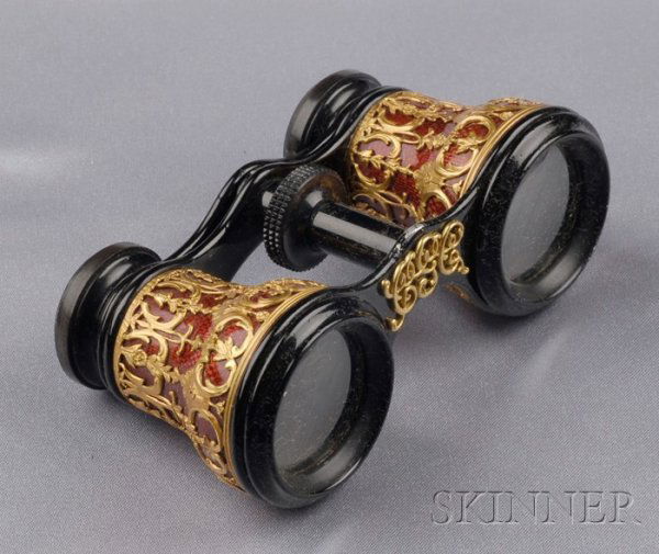Antique 18kt Gold, Enamel, and Patinated Steel Ope: Antique 18kt Gold, Enamel, and Patinated Steel Opera Glasses, Tiffany & Co., the red guilloche enamel barrels with chased and engraved scrolling foliate and floral overlay, patinated steel frame, with