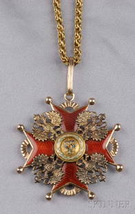 Antique 14kt Gold and Enamel Imperial Eagle Pendan: Antique 14kt Gold and Enamel Imperial Eagle Pendant, possibly Russia, the enamel Maltese cross centering a boss with a double-headed eagle, framed by eagle motifs with St. George cartouches, dia. 2 in