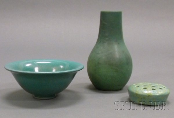 Three Pieces of Arts & Crafts Pottery Cincinnati,: Three Pieces of Arts & Crafts Pottery Cincinnati, Ohio, and Boston, Massachusetts Rookwood vase in shaded matte green glaze with raised decoration, pottery and date mark for 1905, 989D V, and artist's