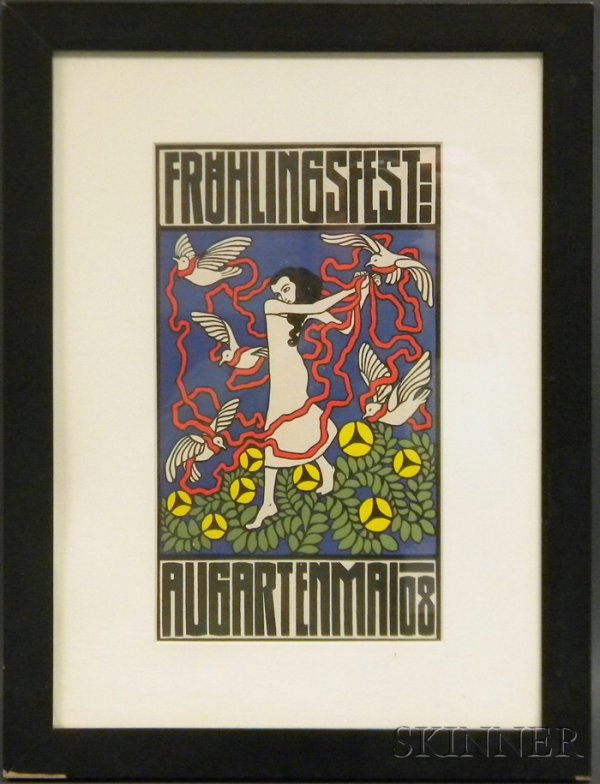 German School, 20th Century Fruhlingsfest Ausgarte: German School, 20th Century Fruhlingsfest Ausgarten Mai 08/A Wiener Werkstatte Illustration Unsigned. Color lithograph on paper, sheet size 11 9/16 x 7 9/16 in., framed. Con