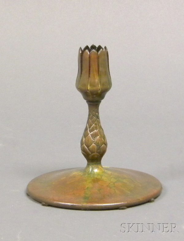 Tiffany Studios Vase Holder Bronze New York, early: Tiffany Studios Vase Holder Bronze New York, early 20th century Prong holder on artichoke stem raised on circular foot marked Tiffany Studios New York, 1043, ht. 5 1/4 in. Provenance: Descended in the
