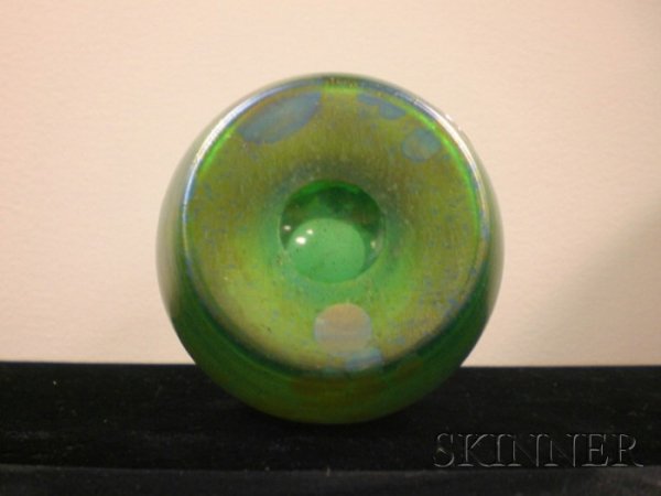 Art Nouveau Vase Art glass and silver overlay Poss: Art Nouveau Vase Art glass and silver overlay Possibly Loetz, Austria, c. 1905 Blue-green iridescent body with oil spotting decorated with a floral sterling silver overlay, polished pontil, ht. 4 5/8