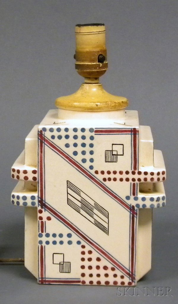 Robert Lallemant Art Deco Table Lamp Polychrome ea: Robert Lallemant Art Deco Table Lamp Polychrome earthenware France, c. 1925 Single socket on rectangular form with geometric design in red, green, and black on a cream-colored ground, marked TR Lallem