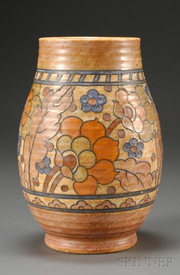 Charlotte Rhead Crown Ducal Pottery Decorated eart: Charlotte Rhead Crown Ducal Pottery Decorated earthenware England, c. 1935 Wide mouth on swollen cylindrical form decorated with leaves and flowers in shades of orange, rust, and blue, marked Rhead Cr