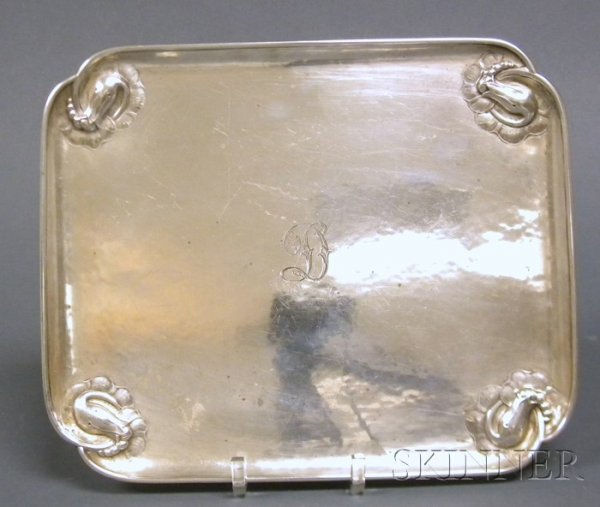 Georg Jensen Tray Sterling silver Denmark, 1925-19: Georg Jensen Tray Sterling silver Denmark, 1925-1932 Rectangular form with blossom corners, monogram D, marked Georg Jensen within a crowned beaded oval and GI 925 S in a beaded oval, Sterling 2A, 11 