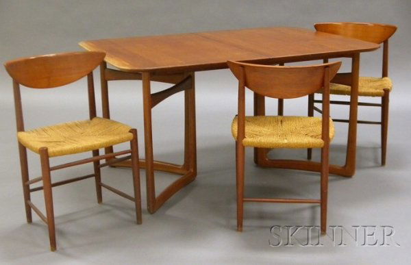 John Stuart Dining Table and Three Chairs Teak and: John Stuart Dining Table and Three Chairs Teak and natural fiber Denmark, mid-20th century Rectangular-top table with two leaves, folds for storage; accompanied by three chairs with curved backs and n