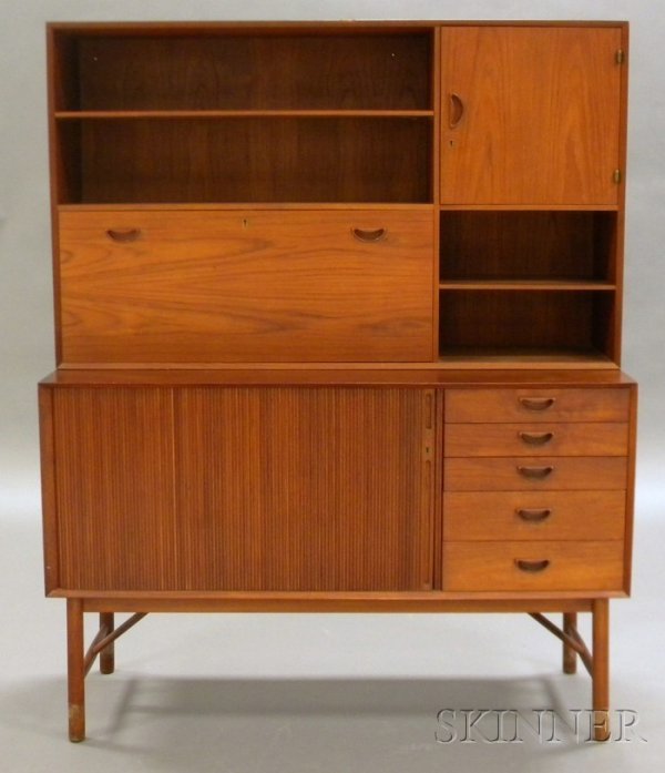 John Stuart Two-Piece Sideboard and Cabinet Teak P: John Stuart Two-Piece Sideboard and Cabinet Teak Probably Soberg Mobler, Denmark, mid-20th century Two-unit sideboard includes a top cabinet with two open shelves over drop-front compartment flanked b