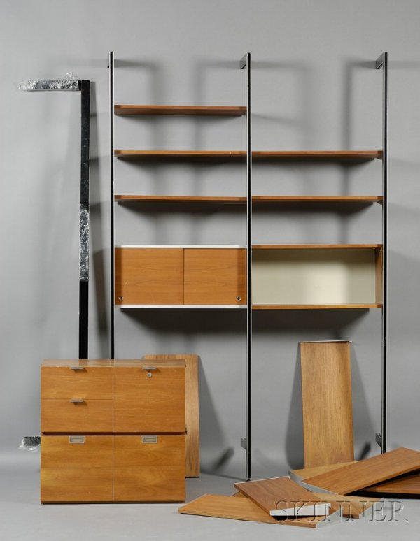 George Nelson Comprehensive Storage System Wall Un: George Nelson Comprehensive Storage System Wall Unit Walnut veneer Manufactured by Herman Miller, United States Comprised of four cabinet assemblies and fourteen shelves secured by four supports, manu
