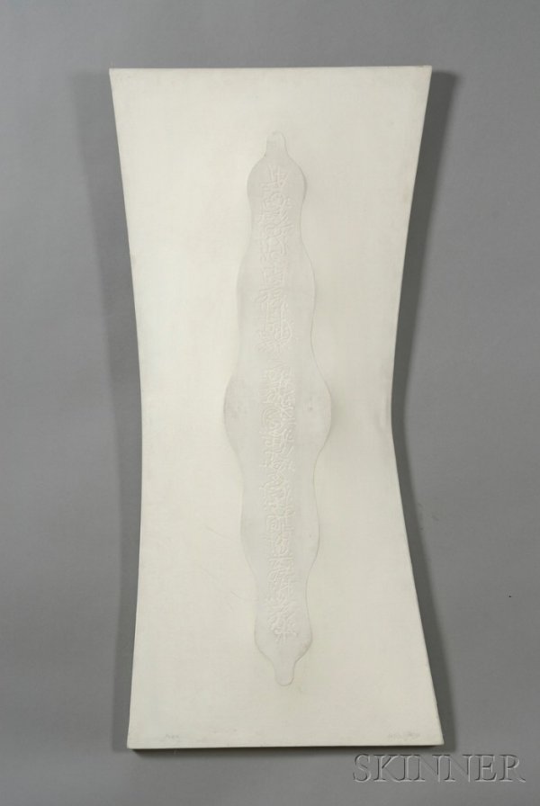 Boris Margo (Ukrainian/American, 1902-1995) Peace: Boris Margo (Ukrainian/American, 1902-1995) Peace Signed "Boris Margo" in pencil l.r., titled l.l., identified on a label affixed to the reverse. Oil on shaped canvas, 51 1/2 x 24 in., unf