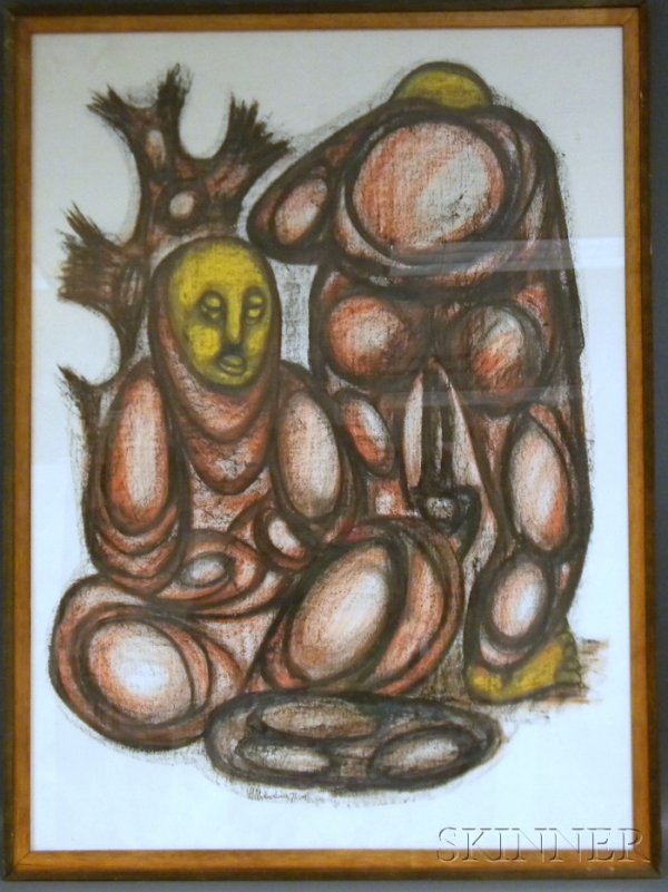 Hargreaves Ntukwana (South African, b. 1938) Two F: Hargreaves Ntukwana (South African, b. 1938) Two Figures Signed and dated "H. Ntukwana 71" in pen l.l. Mixed media on paper, sight size 38 3/4 x 38 in., framed. Condition: Not examined out of frame.