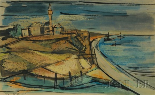 Ruth Schloss (Israeli, b. 1922) Sidney Ali Beach/A: Ruth Schloss (Israeli, b. 1922) Sidney Ali Beach/An Israel Landscape Signed and dated "55..." in English and Hebrew l.l. Watercolor on paper, sight size 13 x 21 1/4 in., framed. Condition: Not examine