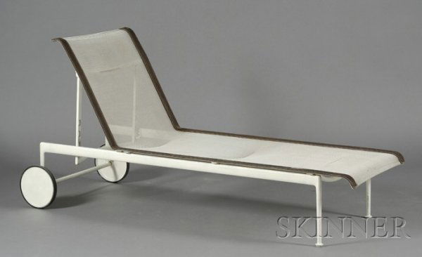 Richard Schultz Outdoor Chaise Powdered coated met: Richard Schultz Outdoor Chaise Powdered coated metal, thread mesh, rubber Design date 1966, for Knoll Rectangular form with raised head of threaded mesh with brown cloth edges on white powder coated s