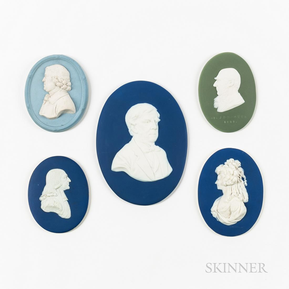 Five Wedgwood Portrait Medallions: Five Wedgwood Portrait Medallions, England, 19th/20th century, each with applied white relief, two dark blue ground: Oliver Wendell Holmes, lg. 6 1/2, and John Wesley, lg. 4; a solid light blue of Pri